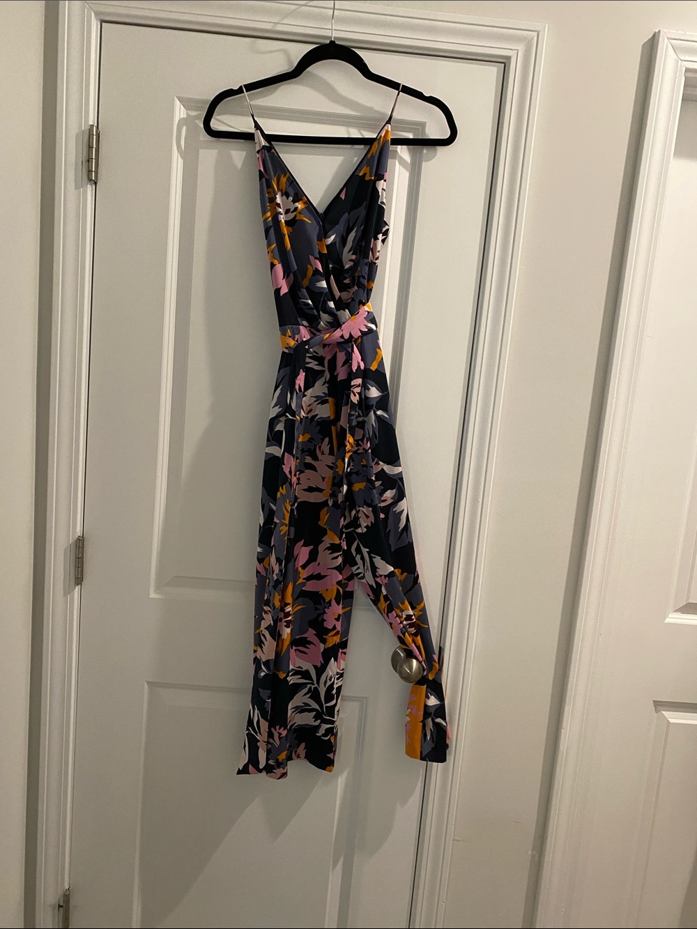 H&M Navy Floral Wrap Jumpsuit with Pink & Mustard Accents